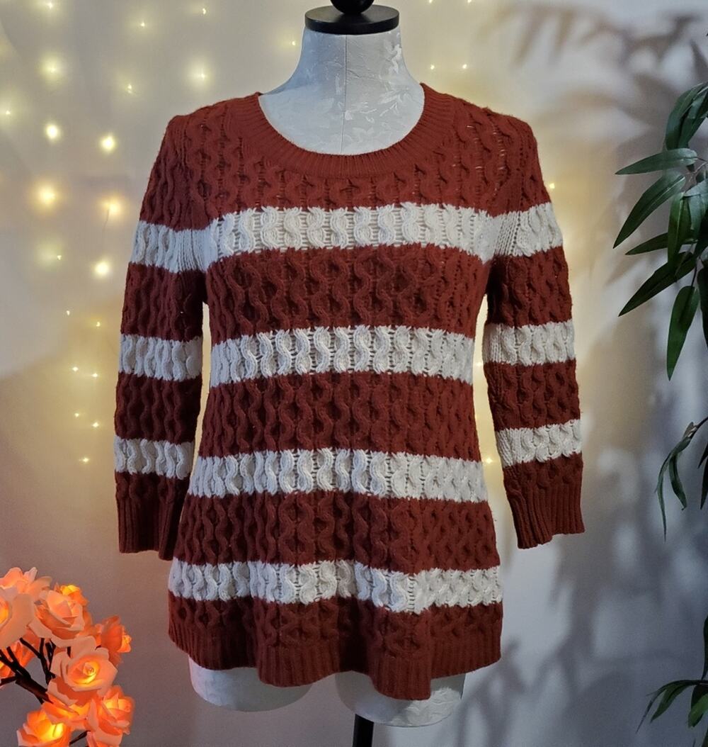 J. Crew 100% Merino Wool Striped Cable Knit Sweater Rust Orange White Women's XS